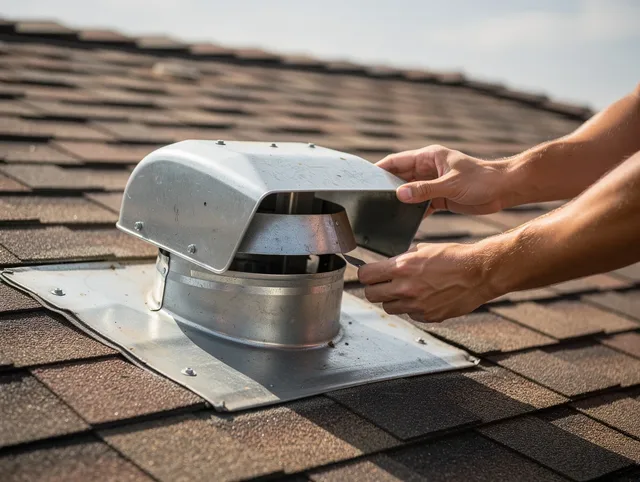 Streetsboro Dryer Vent Cleaning certified technician safely cleaning a roof-mounted dryer vent in Streetsboro