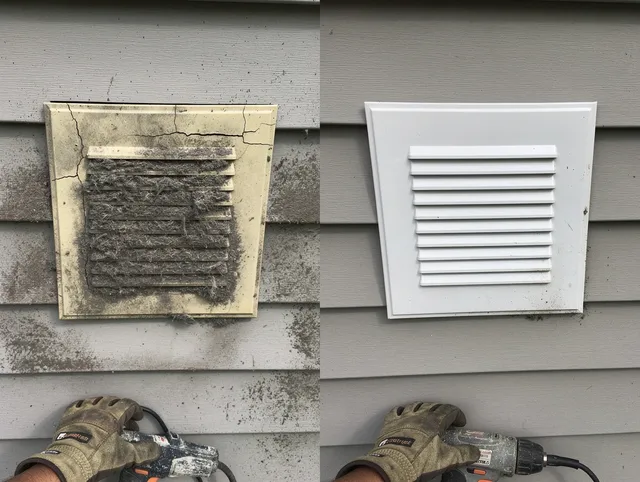 Streetsboro Dryer Vent Cleaning technician installing high-quality dryer vent cover at a residential property in Streetsboro