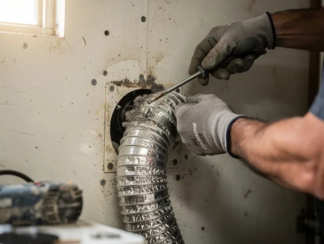 Streetsboro Dryer Vent Cleaning technician performing precise dryer vent hose installation in Streetsboro